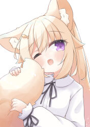 Rule 34 | 1girl, ;d, animal ear fluff, animal ears, black ribbon, blonde hair, blush, collared shirt, commentary request, dress shirt, fang, fish hair ornament, fox ears, fox girl, fox tail, hair between eyes, hair ornament, hands up, highres, holding own tail, long hair, long sleeves, minato yu (0514), neck ribbon, one eye closed, open mouth, original, puffy long sleeves, puffy sleeves, purple eyes, ribbon, shirt, simple background, sleeves past wrists, smile, solo, tail, white background, white shirt