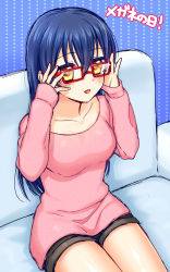 Rule 34 | 10s, 1girl, :d, adjusting eyewear, bad id, bad pixiv id, bespectacled, blue hair, blush, couch, glasses, glasses day, hair between eyes, highres, long hair, long sleeves, looking at viewer, love live!, love live! school idol project, mashuu (neko no oyashiro), open mouth, red-framed eyewear, shorts, smile, solo, sonoda umi