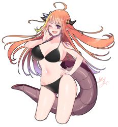 Rule 34 | 1girl, ahoge, alternate costume, bikini, black bikini, blonde hair, bow, bright pupils, cropped legs, diagonal-striped bow, dragon girl, dragon horns, dragon tail, fang, floating hair, hair behind ear, hand on own hip, hand up, highres, hololive, horn bow, horn ornament, horns, isuka, kiryu coco, multicolored eyes, multicolored hair, navel, one eye closed, open hand, open mouth, orange hair, pointy ears, purple eyes, red eyes, signature, simple background, skin fang, smile, solo, streaked hair, striped, striped bow, swimsuit, tail, virtual youtuber, white background, white pupils