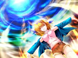 Rule 34 | 1girl, ahoge, alpha (yukai na nakamatachi), armpits, bare shoulders, belt, belt buckle, breasts, buckle, closed eyes, cloud, dutch angle, game cg, glowing, hair between eyes, hairband, jacket, kokonoe machiru, large breasts, magic, midriff, navel, off shoulder, open clothes, open jacket, orange hair, outdoors, outstretched arms, outstretched hand, parted lips, rain, ribbed sweater, shirt, short hair, short shorts, shorts, sky, sleeveless, sleeveless shirt, sleeveless turtleneck, solo, spread arms, standing, sweater, tamayura (akabei soft), thigh gap, thighhighs, thighs, turtleneck, white thighhighs, zettai ryouiki