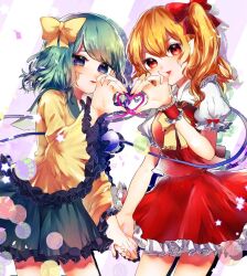 Rule 34 | 2girls, blonde hair, blue eyes, bow, collar, collared shirt, confetti, cowboy shot, eyelashes, flandre scarlet, frilled shirt collar, frilled skirt, frilled sleeves, frills, green collar, green hair, green skirt, hair bow, heart, heart hands, heart hands duo, heart of string, highres, holding hands, komeiji koishi, light blush, long sleeves, looking at viewer, medium hair, miniskirt, multiple girls, no headwear, one side up, open mouth, pointy ears, puffy short sleeves, puffy sleeves, purple background, red bow, red eyes, red skirt, red vest, shadow, shirt, short sleeves, skirt, skirt set, sleeve bow, smile, star (symbol), starry background, striped, striped background, suzune hapinesu, third eye, touhou, two-tone background, vest, white background, white shirt, white sleeves, wide sleeves, yellow bow, yellow shirt, yellow sleeves