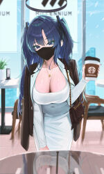 Rule 34 | 1girl, absurdres, bag, black coat, black mask, blue archive, blush, breasts, cleavage, coat, coat on shoulders, coffee cup, collarbone, cup, disposable cup, dongtan dress, dress, fieryonion, floor, highres, holding, holding cup, indoors, jewelry, large breasts, leaning forward, long hair, long sleeves, looking at viewer, mask, meme attire, mouth mask, pendant, purple eyes, purple hair, shoulder bag, solo, starbucks, surgical mask, table, two side up, white dress, yuuka (blue archive)