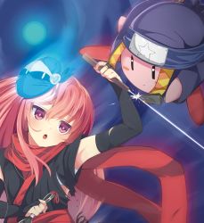 Rule 34 | 1girl, :o, alternate costume, armpits, black gloves, bridal gauntlets, commentary request, crossover, dual wielding, elbow gloves, expressionless, fighting, fingerless gloves, glint, gloves, hair between eyes, hata no kokoro, highres, holding, jitome, kirby, kirby (series), kunai, long hair, mask, mask on head, nigo (aozoragarou), ninja, ninja kirby, nintendo, open mouth, pink eyes, pink hair, red scarf, sarashi, scarf, shirt, sleeveless, sword, torn clothes, torn gloves, torn shirt, touhou, weapon