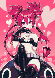 Rule 34 | bandeau, bat wings, belt, black gloves, boots, breasts, candy, choker, demon girl, demon tail, demon wings, disgaea, earrings, etna (disgaea), food, gloves, highres, jewelry, lollipop, micro shorts, mini wings, parororo, prinny, red eyes, red hair, short shorts, short twintails, shorts, skull earrings, small breasts, tail, thigh boots, thighhighs, twintails, wings