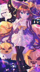 Rule 34 | 1girl, absurdres, azur lane, bad id, bad pixiv id, brown hair, candy, chromatic aberration, collarbone, food, hat, highres, huge filesize, jack-o&#039;-lantern, lollipop, long hair, long island (azur lane), looking up, solo, thighhighs, wine (2148 wine), witch, witch hat