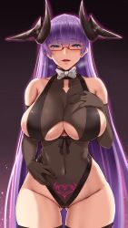 Rule 34 | 1girl, akitsuki karasu, alternate costume, azur lane, bare shoulders, black gloves, black leotard, black thighhighs, blue eyes, blunt bangs, blush, breasts, cleavage, clothing cutout, collarbone, commentary request, covered navel, demon horns, elbow gloves, glasses, gloves, gluteal fold, gneisenau (azur lane), gneisenau (nightmarish succubus) (azur lane), half-closed eyes, halloween costume, hand on own chest, heart, heart-shaped pupils, heavy breathing, highres, horns, large breasts, leotard, long hair, open mouth, pubic tattoo, purple hair, rectangular eyewear, red-framed eyewear, see-through, skindentation, smile, solo, standing, symbol-shaped pupils, tattoo, thigh gap, thighhighs, underboob, underboob cutout, very long hair