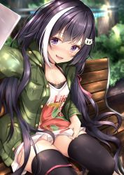 Rule 34 | 1girl, :3, absurdres, bench, black thighhighs, blurry, blurry background, blush, breasts, camisole, cellphone, cleavage, clothes writing, collarbone, commentary request, fang, feet out of frame, green jacket, hair ornament, hairclip, highres, holding, holding phone, jacket, karyl (princess connect!), karyl (real) (princess connect!), long hair, long sleeves, looking at viewer, multicolored hair, open mouth, outdoors, outstretched arm, phone, princess connect!, purple eyes, rumiko (rmeco), selfie, shirt, shirt hold, sitting, skin fang, smartphone, solo, streaked hair, thighhighs, white shirt