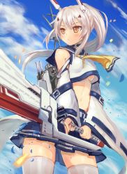 Rule 34 | 1girl, ayanami (azur lane), azur lane, blue sky, choker, cloud, cloudy sky, commentary request, day, detached sleeves, hair ornament, hairclip, holding, long hair, machinery, navel, pleated skirt, ponytail, sanshi (sannshi 34), school uniform, serafuku, silver hair, skirt, sky, solo, sword, thighhighs, turret, weapon, white thighhighs, wind, yellow eyes, zettai ryouiki