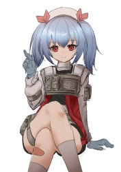 Rule 34 | 1girl, absurdres, bandaid, bandaid on leg, blue gloves, blue hair, colphne (girls&#039; frontline 2), commentary request, girls&#039; frontline, girls&#039; frontline 2: exilium, gloves, hair ribbon, hat, highres, kotayo, crossed legs, looking at viewer, medium hair, red eyes, red ribbon, ribbon, sitting, sketch, smile, socks, solo, twintails, white background