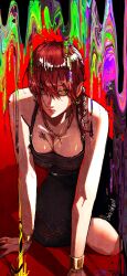 Rule 34 | absurdres, black dress, bracelet, braid, breasts, cable, chainsaw man, dress, earrings, erupusai2, highres, jewelry, large breasts, looking at viewer, makima (chainsaw man), red background, red hair, ring, simple background, tagme, yellow eyes
