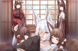 Rule 34 | 5girls, :d, absurdres, akagi-chan (azur lane), akagi (azur lane), amagi-chan (azur lane), amagi (azur lane), animal ears, azur lane, bare shoulders, bell, black kimono, blush, breasts, brown hair, bullying, cellphone, closed eyes, day, eyeshadow, facing viewer, fox ears, fox girl, fox tail, from side, grin, hair bell, hair between eyes, hair ornament, hair ribbon, hairclip, hairpin, half-closed eyes, hand on another&#039;s head, hand on another&#039;s shoulder, hand up, hands on another&#039;s face, hands up, happy, headpat, highres, holding, holding phone, hug, hug from behind, indoors, japanese clothes, kaga (azur lane), kimono, kitsune, large breasts, long hair, looking at another, makeup, multiple girls, multiple tails, off shoulder, open mouth, orange eyes, phone, red eyes, red eyeshadow, red kimono, red ribbon, red skirt, ribbon, samip, short hair, skirt, slit pupils, smile, smug, tail, taking picture, teeth, upper teeth only, very long hair, white hair, wide sleeves