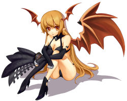 Rule 34 | 1girl, asymmetrical clothes, bare shoulders, breasts, cleavage, demon girl, elbow gloves, female focus, full body, gloves, high heels, long hair, looking at viewer, lord of vermilion, matching hair/eyes, open mouth, orange eyes, orange hair, pointy ears, shoes, single wing, sitting, solo, demon girl, succubus (lord of vermilion), white background, wings, yuru (kashima)