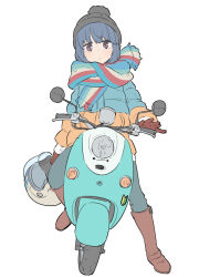 Rule 34 | 1girl, beanie, blue hair, bobblehat, boots, brown footwear, brown gloves, closed mouth, down jacket, frown, gloves, grey hat, hat, helmet, highres, jacket, long sleeves, looking at viewer, motor vehicle, multicolored clothes, multicolored scarf, purple eyes, scarf, scooter, shima rin, short hair, shoshinsha mark, simple background, sjw kazuya, solo, striped clothes, striped scarf, tareme, white background, yamaha vino, yurucamp