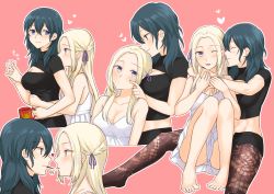 Rule 34 | 2girls, ;d, ^^^, bare legs, barefoot, black hair, black shirt, blonde hair, blue eyes, blush, braid, breasts, brown legwear, byleth (female) (fire emblem), byleth (fire emblem), cleavage, cleavage cutout, closed eyes, clothing cutout, coffee mug, collarbone, cup, dress, edelgard von hresvelg, eye contact, feet, finger to another&#039;s cheek, fire emblem, fire emblem: three houses, food, forehead, fukuroumori, full body, hair ribbon, heart, height difference, highres, holding, holding cup, holding hands, hug, hug from behind, intelligent systems, interlocked fingers, knees up, looking at another, medium breasts, mouth hold, mug, multiple girls, multiple views, nintendo, one eye closed, open mouth, outline, panties, pantyhose, pantyshot, pink background, pocky, pocky kiss, profile, purple eyes, purple ribbon, ribbon, shared food, shirt, short sleeves, sidelocks, simple background, sitting, sleeveless, sleeveless dress, smile, sundress, underwear, upskirt, white dress, white outline, white panties, yuri