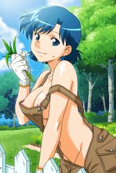 Rule 34 | 1girl, blue eyes, blue hair, breasts, cowboy shot, day, fence, grass, holding, large breasts, light smile, looking at viewer, naked overalls, navel, nipples, official art, outdoors, overalls, short hair, solo, strap slip, super real mahjong, tanaka ryou, yuu (super real mahjong)