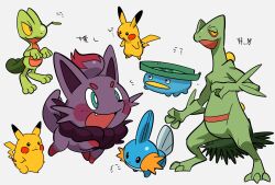 Rule 34 | animal focus, blue eyes, bright pupils, colored sclera, creatures (company), fang, full body, game freak, gen 1 pokemon, gen 3 pokemon, gen 5 pokemon, grey background, highres, lotad, mouth hold, mudkip, nintendo, no humans, open mouth, pikachu, pokemon, pokemon (creature), sceptile, simple background, stalk in mouth, standing, translation request, treecko, uochandayo, white pupils, yellow sclera, zorua