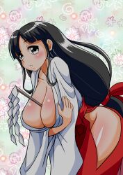 Rule 34 | 1girl, between breasts, black hair, breast hold, breasts, cleavage, crossed arms, grey eyes, highres, huge breasts, japanese clothes, leaning forward, legs, long hair, long skirt, long sleeves, looking at viewer, miko, original, parted lips, sexually suggestive, skirt, solo, thick thighs, thighs