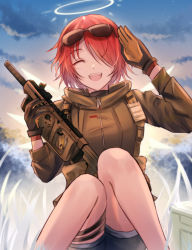 Rule 34 | 1girl, ^ ^, arknights, black gloves, black shorts, blue sky, breasts, closed eyes, cloud, cloudy sky, commentary, dawn, detached wings, exusiai (arknights), exusiai (wild operation) (arknights), eyewear on head, gloves, grass, gun, hair over one eye, haku wi, halo, highres, holding, holding gun, holding weapon, knees together feet apart, looking at viewer, machine gun, medium breasts, official alternate costume, open mouth, outdoors, red hair, salute, short hair, short shorts, shorts, sitting, sky, smile, solo, star (sky), starry sky, strap, sunglasses, two-tone gloves, weapon, wings, yellow gloves