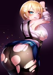 Rule 34 | 1girl, ass, blonde hair, blue eyes, blush, breasts, c9c c e, embarrassed, from behind, girls&#039; frontline, hair ribbon, huge ass, large breasts, leaning, leaning forward, looking at viewer, open mouth, panties, panties under pantyhose, pantyhose, ribbon, shiny clothes, shiny skin, short hair, sideboob, skirt, solo, sweat, torn clothes, torn pantyhose, underwear, vsk-94 (girls&#039; frontline), wince
