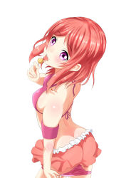 Rule 34 | 10s, 1girl, absurdres, ass, bikini, bikini pull, blush, butt crack, candy, clothes pull, food, from above, highres, licking, lollipop, looking at viewer, looking back, looking up, love live!, love live! school idol project, nishikino maki, pulzatrix, purple bikini, purple eyes, red hair, short hair, solo, swimsuit, tongue, tongue out