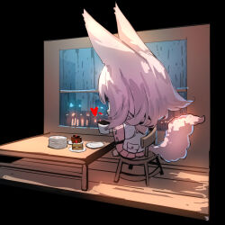 Rule 34 | 1girl, animal ears, barefoot, black background, cake, cake slice, chibi, commentary request, cup, facing away, food, fox ears, fox girl, fox tail, fruit, grey hair, heart, highres, holding, holding cup, hood, hood down, hooded jacket, indoors, jacket, long sleeves, night, night sky, on chair, original, pink skirt, plate, pleated skirt, ribbon-trimmed sleeves, ribbon trim, simple background, sitting, skirt, sky, solo, strawberry, table, tail, water, white jacket, wide sleeves, window, wooden floor, yuuji (yukimimi)