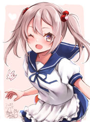 Rule 34 | 1girl, absurdres, apron, artist logo, badge, blue sailor collar, blue skirt, border, commentary request, cowboy shot, dated, frilled skirt, frills, hair bobbles, hair ornament, highres, kantai collection, looking at viewer, mashiro yukiya, one-hour drawing challenge, one eye closed, pink background, pink eyes, pink hair, pleated skirt, rabbit, sailor collar, sazanami (kancolle), sazanami kai (kancolle), school uniform, serafuku, short hair, skirt, solo, twintails, waist apron, white border