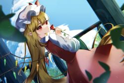 Rule 34 | 1girl, alternate hair length, alternate hairstyle, balcony, blonde hair, blunt bangs, bow, closed mouth, cloud, cloudy sky, crystal, dutch angle, flandre scarlet, flower, hat, highres, holding, holding flower, long hair, looking away, maguri rei, mob cap, motion blur, pointy ears, red bow, red eyes, red flower, red rose, red skirt, red vest, rose, shirt, skirt, skirt set, sky, solo, tsurime, vest, white hat, white shirt, wings