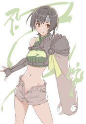 Rule 34 | 1girl, armor, black hair, brown eyes, crop top, cropped sweater, decoponmagi, final fantasy, final fantasy vii, final fantasy vii remake, fingerless gloves, forehead protector, gloves, green sweater, highres, looking at viewer, open fly, short hair, short shorts, shorts, shoulder armor, single sleeve, sleeveless, sleeveless turtleneck, smile, solo, sweater, turtleneck, yuffie kisaragi