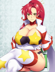 Rule 34 | 1girl, ameoto, blush, breasts, cape, chair, cleavage, closed mouth, crossed arms, detached collar, elbow gloves, female focus, gloves, groin, hair ornament, hair stick, high ponytail, highres, huge breasts, legs, light blush, long hair, looking at viewer, one side up, red hair, simple background, sitting, solo, strapless, tengen toppa gurren lagann, thighhighs, thighs, tube top, yellow eyes, yoko littner