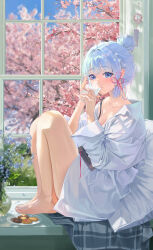 Rule 34 | 1girl, absurdres, alternate costume, alternate hairstyle, ayaka (genshin impact), bare shoulders, barefoot, blue eyes, blue hair, blunt bangs, blurry, blush, book, cherry blossoms, commentary request, cookie, cup, depth of field, drinking glass, feet, food, genshin impact, hair bun, hair ornament, highres, knees up, legs, light blue hair, pillow, plant, potted plant, revision, shirt, sitting in window, solo, sssong aa, tassel, tassel hair ornament, thighs, toes, white shirt