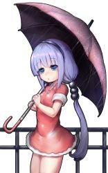 Rule 34 | 10s, 1girl, absurdres, blue eyes, commentary request, dress, hair bobbles, hair ornament, hairband, highres, holding, kanna kamui, kobayashi-san chi no maidragon, light purple hair, long hair, looking at viewer, low twintails, moonbo, parted lips, rain, red dress, simple background, slit pupils, solo, transparent background, twintails, umbrella, white background