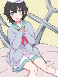 Rule 34 | 1girl, anchor, black hair, cardigan, cowboy shot, green eyes, hair between eyes, hands up, hat, jack (wkm74959), long sleeves, looking at viewer, murasa minamitsu, open mouth, own hands together, sailor collar, short hair, shorts, sitting, sleeves past wrists, smile, solo, touhou