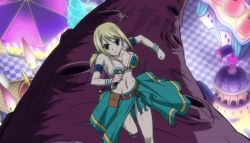 Rule 34 | animated, animated gif, arm brace, ass, belt, bikini, bikini top only, blonde hair, breasts, brown eyes, cleavage, fairy tail, large breasts, lingerie, long hair, lucy heartfilia, navel, sandals, skirt, swimsuit, underwear, whip, wrist cuffs