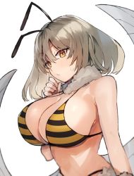 Rule 34 | 1girl, antennae, bad id, bad twitter id, bee, bee costume, bikini, blush, breasts, bug, copyright request, insect, large breasts, medium hair, simple background, solo, striped bikini, striped clothes, suminagashi, swimsuit, upper body, white background, wings, yellow eyes