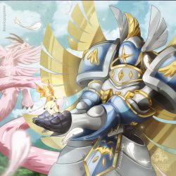 Rule 34 | armor, claws, digimon, dragon, feathers, highres, holydramon, looking at another, patamon, seraphimon, wings