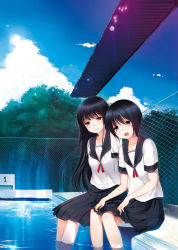 Rule 34 | 2girls, :o, barefoot, black eyes, black hair, blush, brown eyes, chain-link fence, cloud, collarbone, day, fence, forest, itou nanami, lens flare, long hair, looking at viewer, multiple girls, nature, open mouth, original, outdoors, pleated skirt, pool, poolside, school uniform, serafuku, short hair, sitting, skirt, sky, smile, soaking feet, tree, water