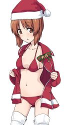 Rule 34 | 10s, 1girl, bell, bikini, boots, breasts, brown eyes, brown hair, christmas, coat, commentary request, cowboy shot, girls und panzer, hat, jingle bell, long sleeves, looking at viewer, medium breasts, monolith (suibou souko), navel, nishizumi miho, open clothes, open coat, parted lips, red bikini, red coat, red hat, santa costume, santa hat, short hair, simple background, solo, standing, swimsuit, thigh boots, thighhighs, undressing, white background, white footwear