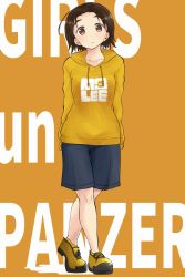 Rule 34 | 1girl, arms behind back, text background, black shorts, brown eyes, brown hair, closed mouth, clothes writing, commentary, crossed arms, drawstring, english text, full body, girls und panzer, highres, hood, hood down, hoodie, light frown, long sleeves, looking at viewer, nana (manaita koumuten), no socks, orange background, orange footwear, orange shirt, orange theme, parted bangs, sawa azusa, shirt, shoes, short hair, shorts, simple background, solo, standing