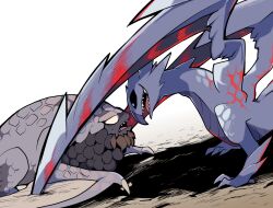 Rule 34 | animal focus, bazelgeuse, black sclera, blue eyes, buccal flap, colored sclera, commentary request, constricted pupils, face-to-face, grabbing another&#039;s wing, highres, ikuchi osutega, looking at another, monster hunter (series), no humans, outdoors, pinned, scared, sharp teeth, slit pupils, standing, sweatdrop, teeth, threat, tongue, torn wings, valstrax, white background, wings