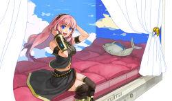 Rule 34 | 1girl, bed, bedroom, blue eyes, boots, breasts, curtains, detached sleeves, fish, headphones, large breasts, long hair, megurine luka, microphone, midriff, navel, otosume ruiko, pillow, pink hair, room, skirt, smile, solo, thighhighs, vocaloid, zettai ryouiki