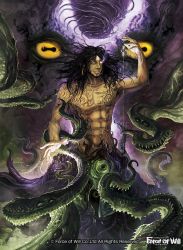 Rule 34 | 1boy, abdul alhazred (force of will), abs, beard, black hair, copyright name, earrings, eldritch abomination, facial hair, facial mark, force of will, forehead mark, glowing, glowing eyes, gozz, jewelry, long hair, magic circle, male focus, official art, topless male, solo, tattoo, tentacles, white eyes