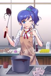 Rule 34 | 1girl, ;q, aikatsu!, aikatsu! (series), apron, blue eyes, blue hair, blue scrunchie, bolo tie, bowl, brown apron, chocolate, chocolate on hand, commentary request, cooking, counter, cup, food, food on face, food on hand, highres, kiriya aoi, kitchen, ladle, licking lips, milk carton, mug, one eye closed, pot, red neckwear, scrunchie, shirt, side ponytail, sidelocks, solo, stove, tongue, tongue out, waste-man, white shirt, wrapper