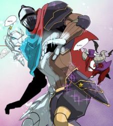 Rule 34 | 3boys, ainz ooal gown, armor, cape, english text, flower, goat, hat, horns, lowres, male focus, masiro (artist), mask, multiple boys, overlord (maruyama), rose, touch me, ulbert alain odle, wings