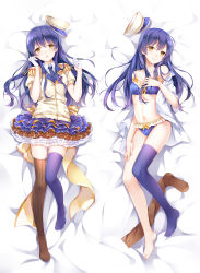 Rule 34 | 1girl, bed sheet, blue bra, blue panties, blue thighhighs, blush, bra, breasts, commentary request, dakimakura (medium), epaulettes, from above, full body, gloves, hair between eyes, half gloves, hand on own chest, hand on own thigh, hat, highres, long hair, looking at viewer, love live!, love live! school idol festival, love live! school idol project, lying, multiple views, navel, necktie, no shoes, on back, open mouth, panties, pleated skirt, ribbon, shirt, single thighhigh, skirt, small breasts, smile, sonoda umi, striped clothes, striped shirt, striped thighhighs, tei (52137), thigh gap, thighhighs, underwear, unworn hat, unworn headwear, unworn thighhighs, vertical-striped clothes, vertical-striped thighhighs, white gloves, yellow eyes