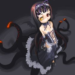 Rule 34 | 1girl, arms at sides, black hair, cthulhu mythos, flat chest, from above, gothic lolita, grey background, heterochromia, indee, lolita fashion, long hair, monster girl, penis tentacle, ringed eyes, scylla, solo, standing, tentacles