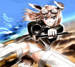 Rule 34 | 1girl, bird tail, blonde hair, blue eyes, blush, flying, goggles, goggles on head, grin, groin, gun, hanna-justina marseille, head wings, hosoinogarou, long hair, looking at viewer, miniskirt, outdoors, panties, parted lips, rifle, skirt, sky, smile, solo, spread legs, strike witches, striker unit, tail, underwear, upskirt, weapon, white panties, wing ears, wings, world witches series