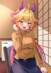 Rule 34 | 1girl, absurdres, ahoge, belt, black belt, blonde hair, blue skirt, blush, breasts, brown sweater, commentary, commission, cowboy shot, fang, hair between eyes, hand up, highres, horns, impossible clothes, indie virtual youtuber, indoors, large breasts, long hair, long sleeves, looking at viewer, multicolored hair, open mouth, pink hair, purple horns, ribbed sweater, skeb commission, skin fang, skirt, solo, sweater, two-tone hair, very long hair, virtual youtuber, yamae saki, yellow eyes, yuno kisen