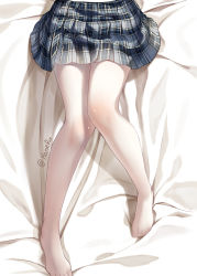 Rule 34 | 1girl, artist name, bed sheet, blue skirt, from above, haneru, highres, knees together feet apart, lower body, original, pantyhose, plaid, plaid skirt, shiny skin, skirt, solo, toes, twitter username, white pantyhose