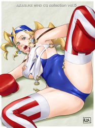 Rule 34 | 1girl, azasuke, bandana, blonde hair, blue eyes, boxing gloves, breasts, bukkake, cum, covered erect nipples, facial, highres, justice gakuen, large breasts, open mouth, spread legs, thighhighs, tiffany lords, tongue, torn clothes