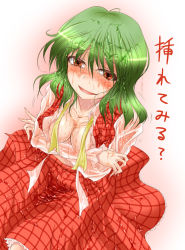 Rule 34 | 1girl, bad id, bad pixiv id, blush, breasts, cleavage, dutch angle, female focus, from above, gradient background, green hair, kazami yuuka, large breasts, open clothes, open shirt, plaid, plaid skirt, plaid vest, red eyes, shimo (depthbomb), shirt, skirt, skirt set, smile, solo, touhou, translated, untied, vest, wet, white background